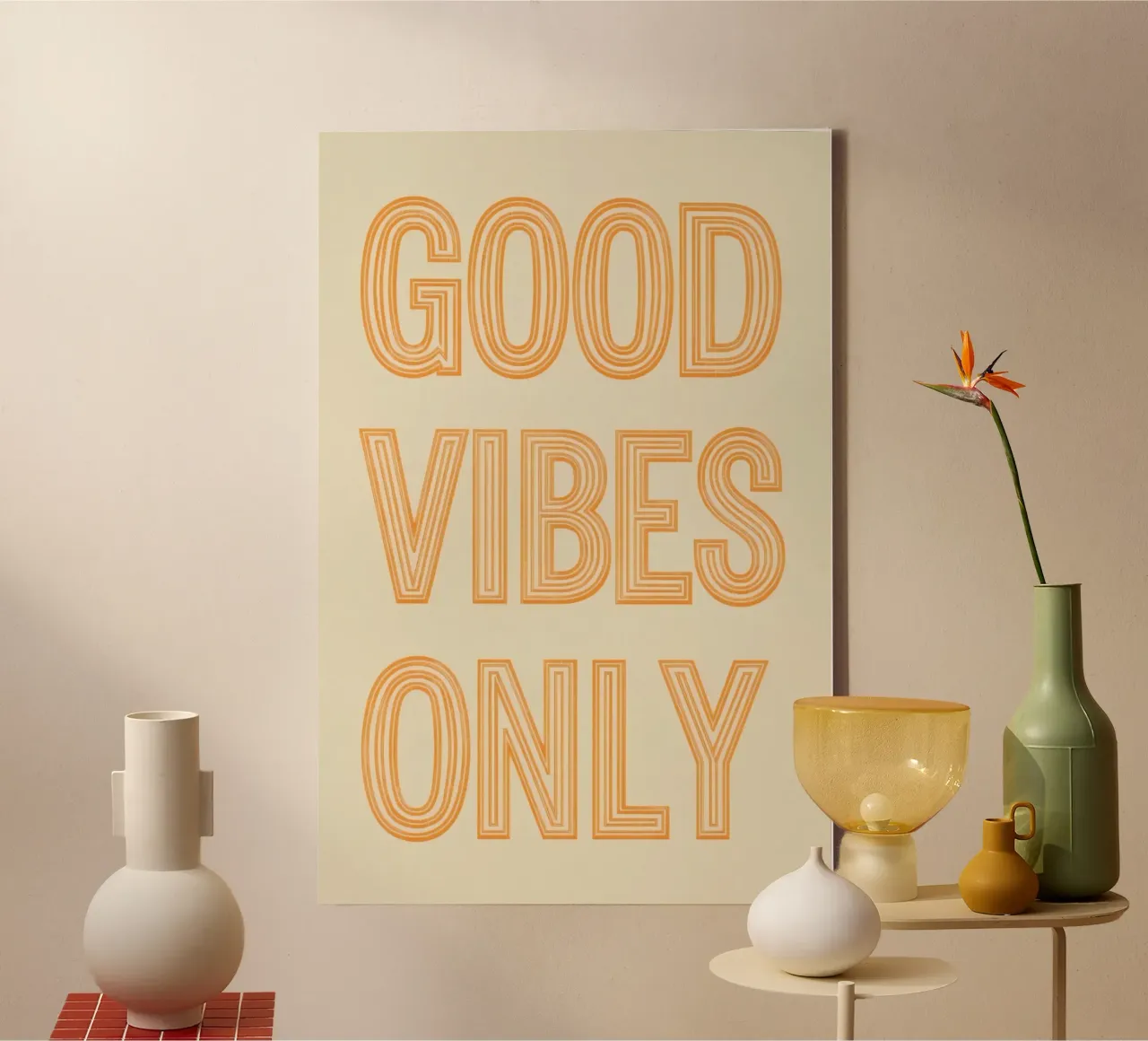 Grafica Good Vibes solo in arancione tela con Cornice a cassetta da DesignDoodle
