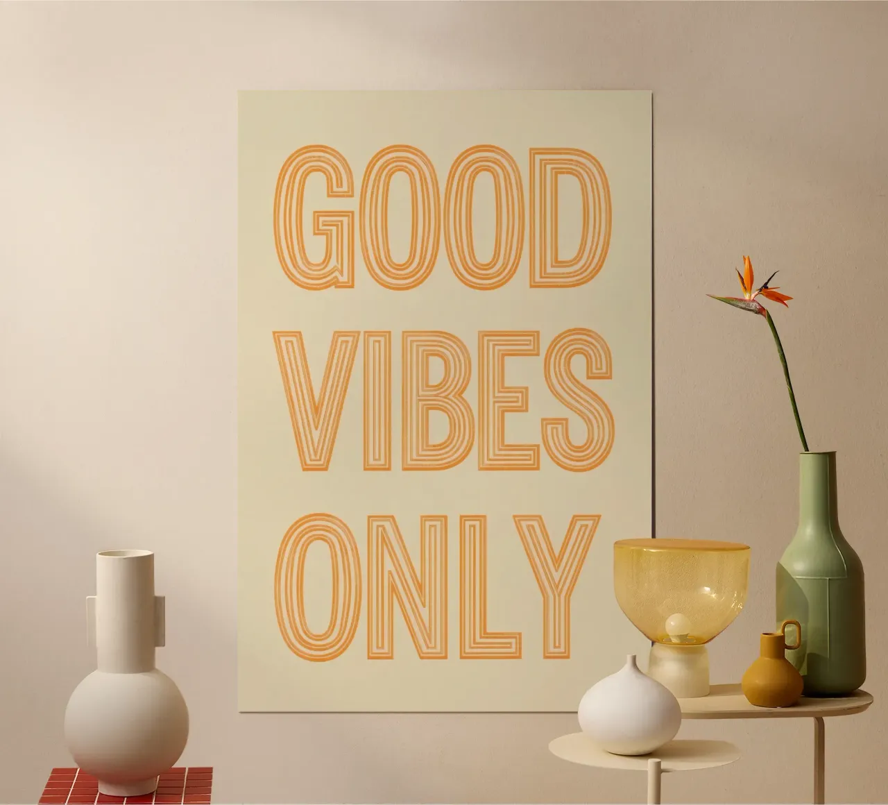 Grafica Good Vibes solo in arancione poster con telaio in alluminio da DesignDoodle