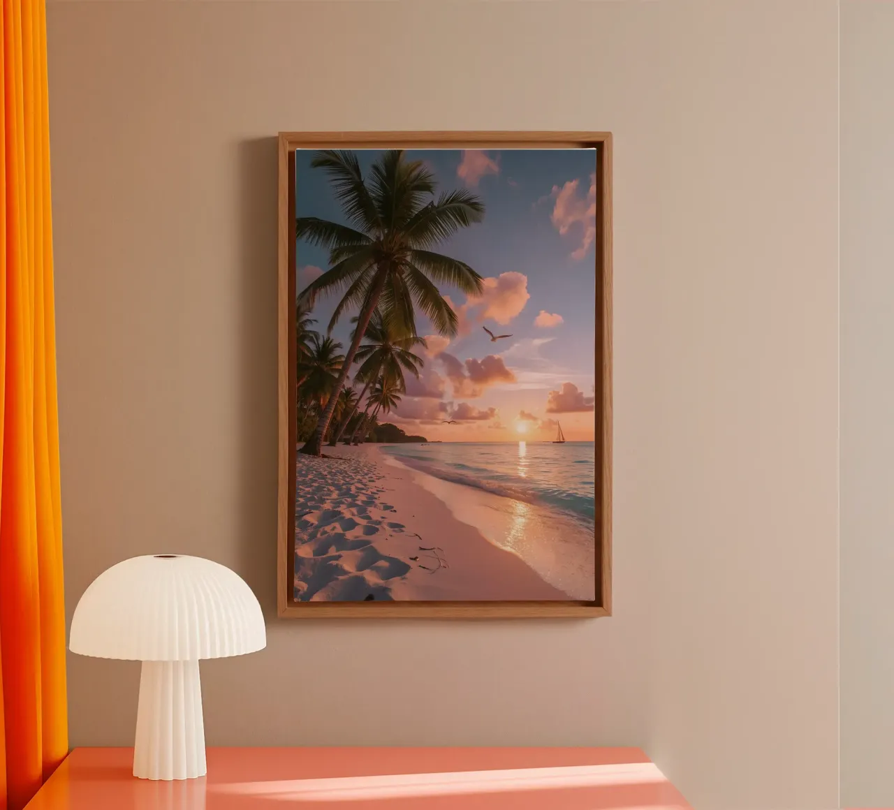 Tropisch strand met palmbomen, vogels en zeilboot bij zonsondergang canvas met Baklijst van DesignDoodle