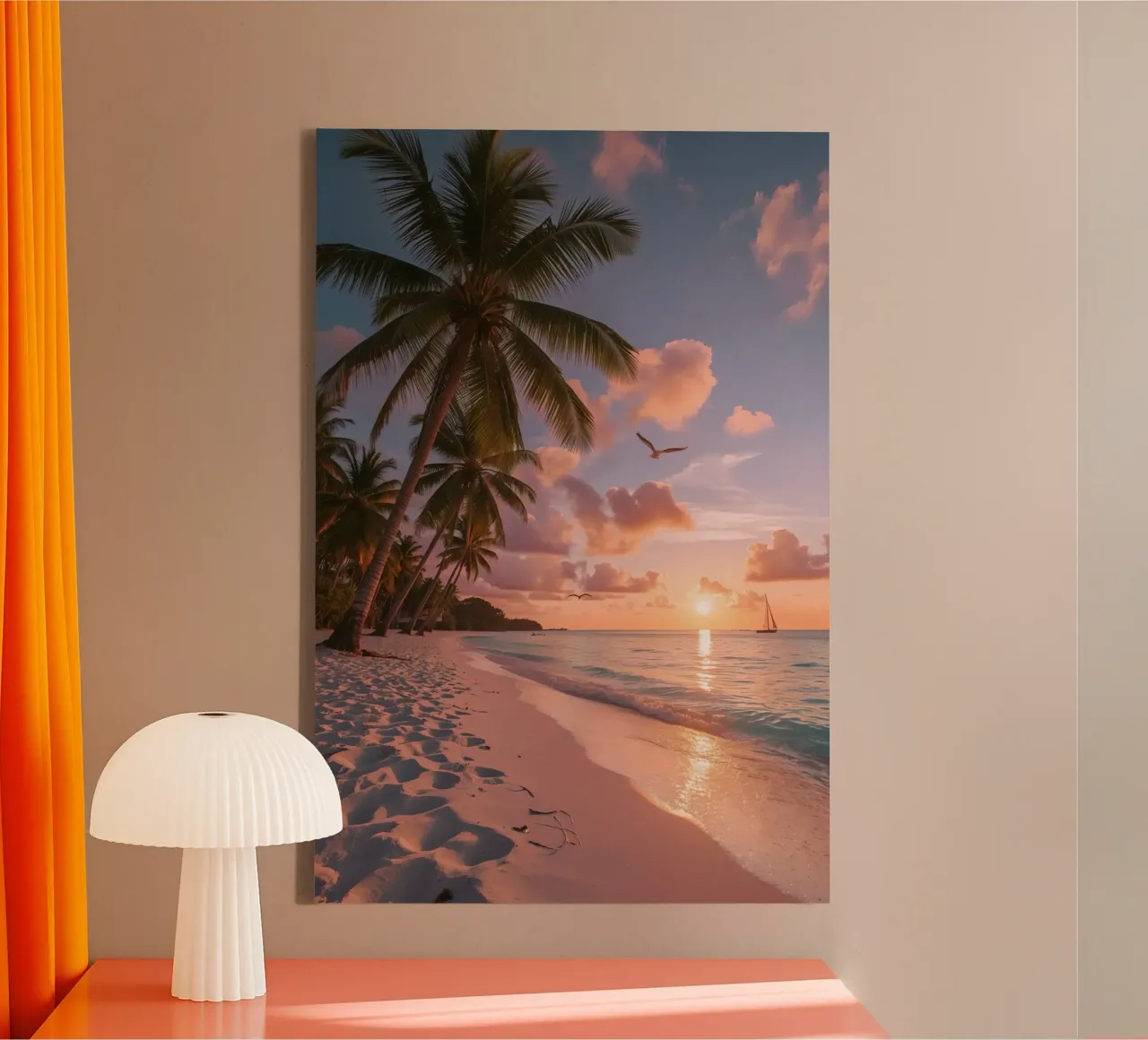 Tropisch strand met palmbomen, vogels en zeilboot bij zonsondergang canvas met Baklijst van DesignDoodle