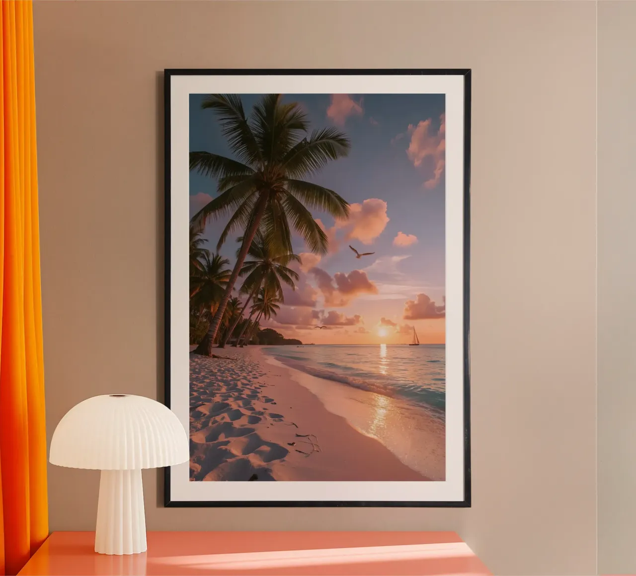 Spiaggia tropicale con palme, uccelli e barca a vela al tramonto poster con telaio in plastica da DesignDoodle