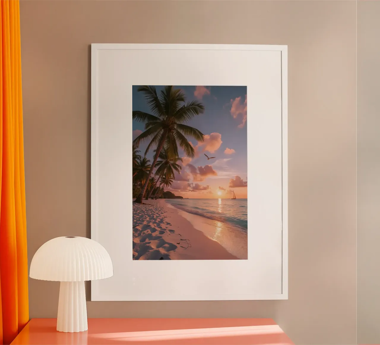 Spiaggia tropicale con palme, uccelli e barca a vela al tramonto poster con telaio in plastica da DesignDoodle