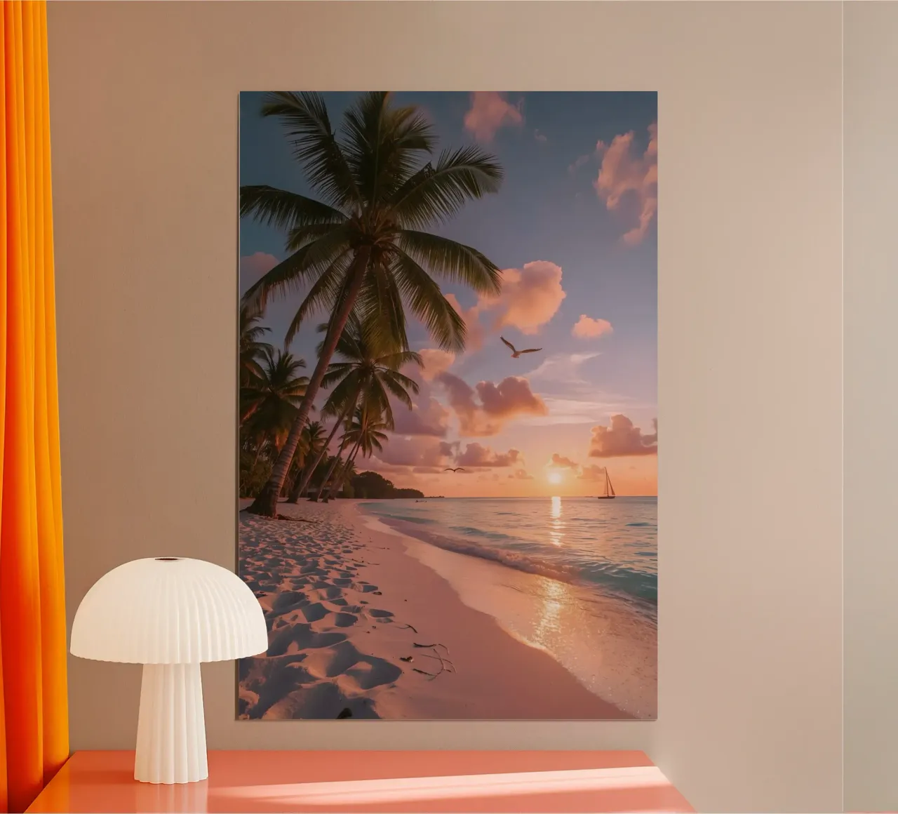 Spiaggia tropicale con palme, uccelli e barca a vela al tramonto poster con telaio in plastica da DesignDoodle