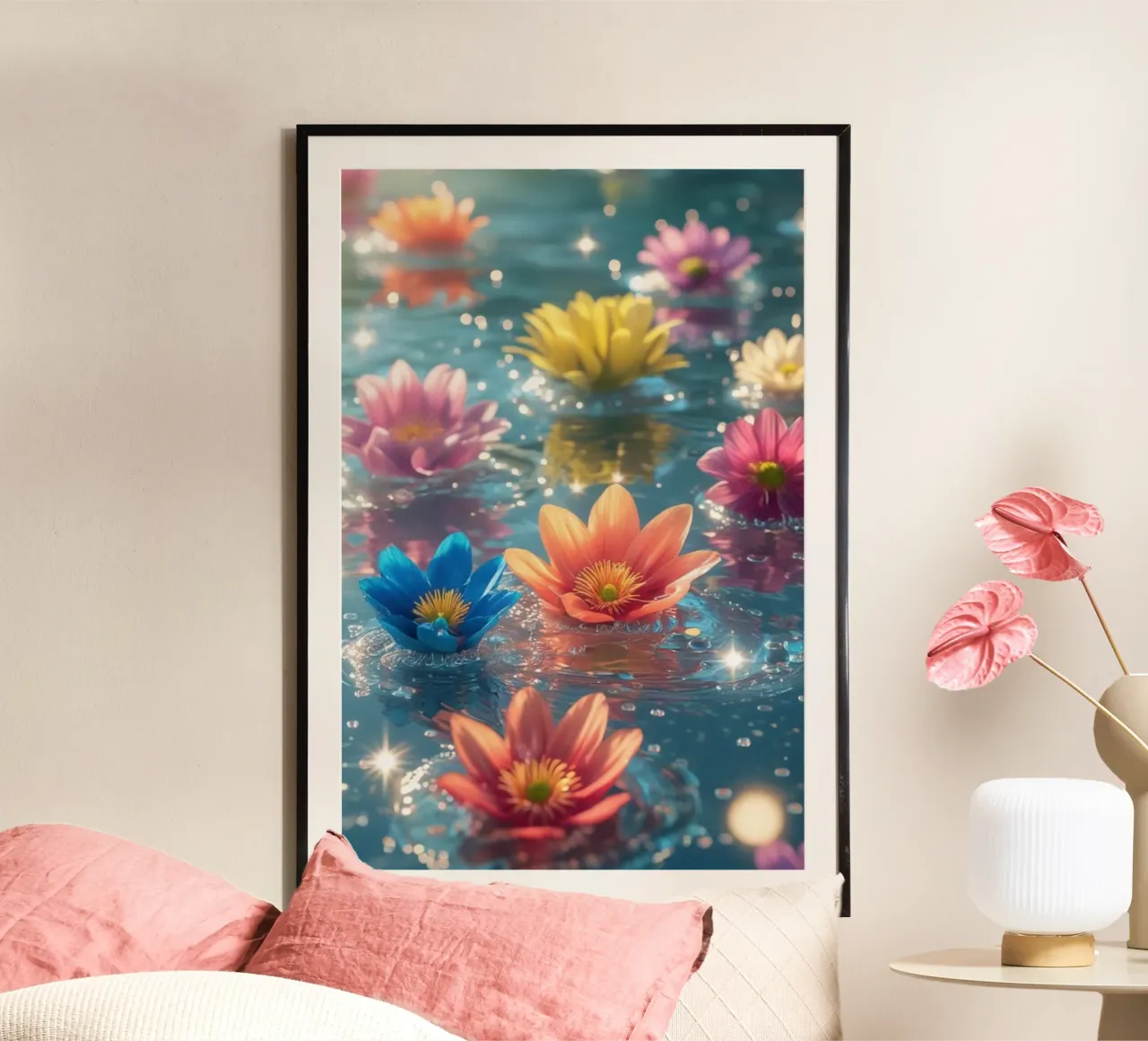 Fiori magici e colorati sull'acqua poster con telaio in legno da Léa Lefebvre Photography