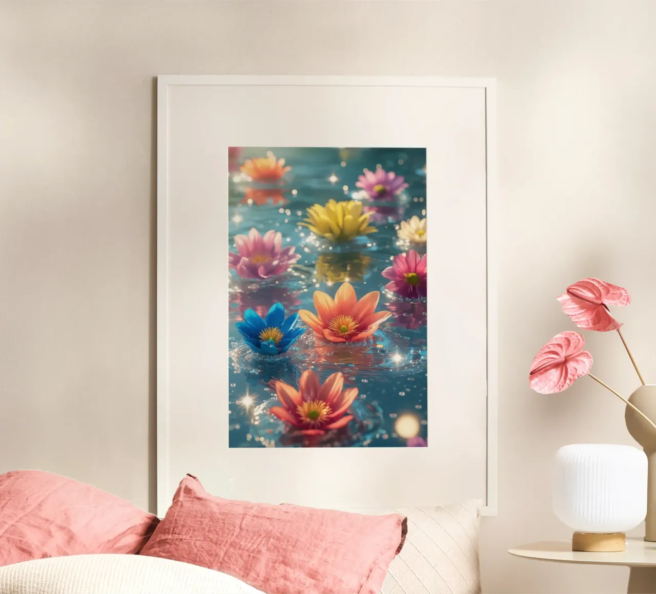 Fiori magici e colorati sull'acqua poster con telaio in legno da Léa Lefebvre Photography