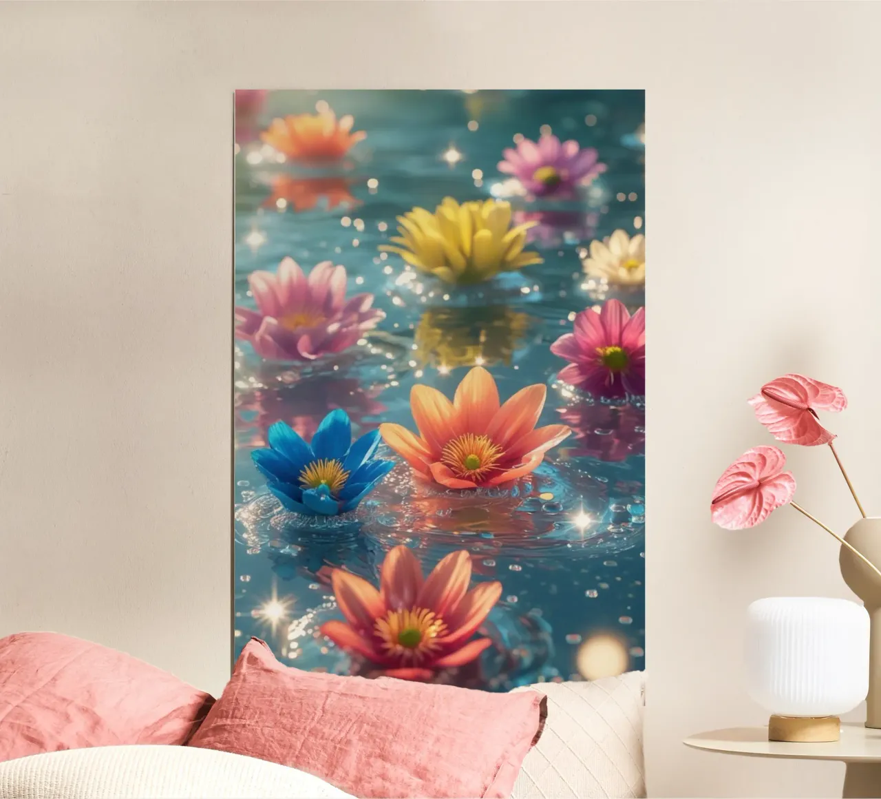 Fiori magici e colorati sull'acqua poster con telaio in legno da Léa Lefebvre Photography