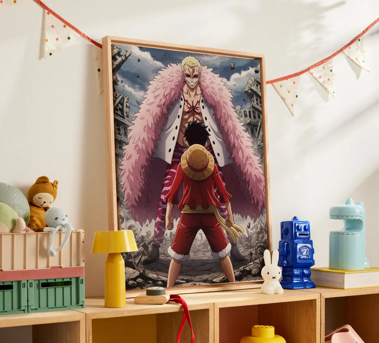 Monkey D Luffy Vs Donquixote Doflamingo tela con Cornice a cassetta da Musadad Shop