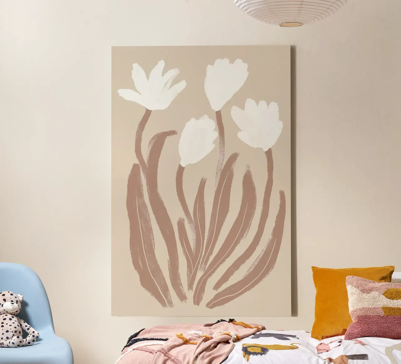 Abstracte witte bloemen met bruine bladeren canvas met Baklijst van Melloi Art Print