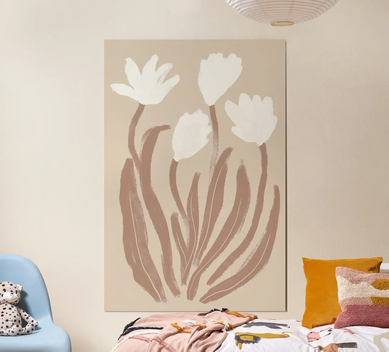Abstracte witte bloemen met bruine bladeren poster met aluminium frame van Melloi Art Print