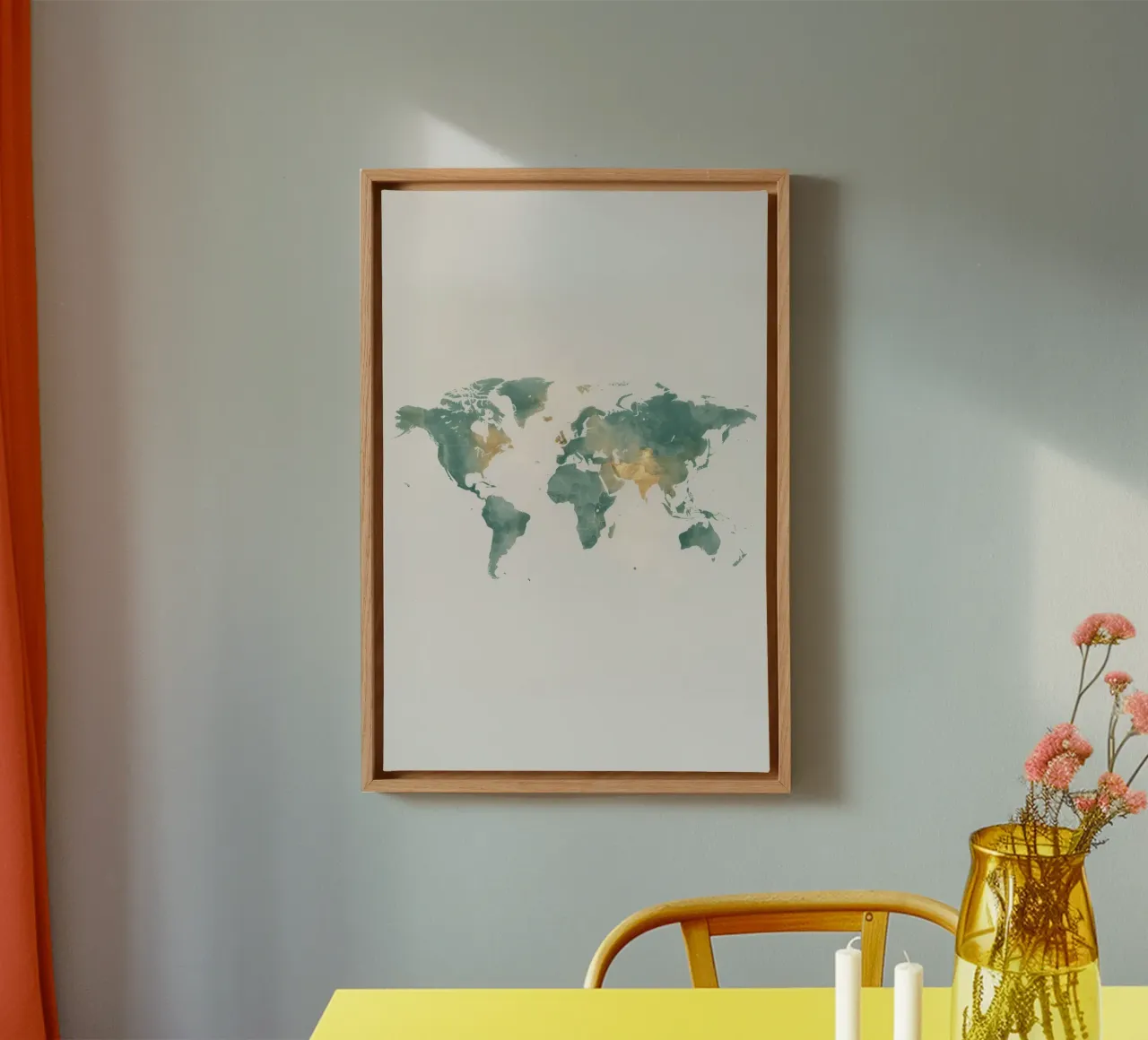 Mappamondo ad acquerello con pietre miliari color verde acqua e oro tela con Cornice a cassetta da DesignDoodle