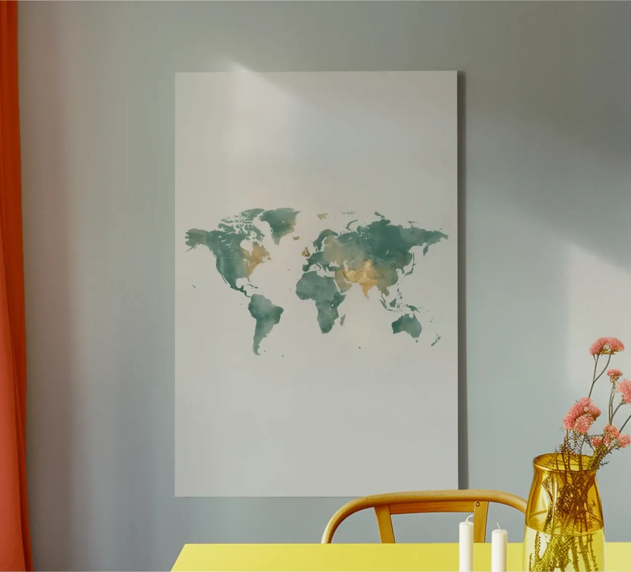 Mappamondo ad acquerello con pietre miliari color verde acqua e oro tela con Cornice a cassetta da DesignDoodle