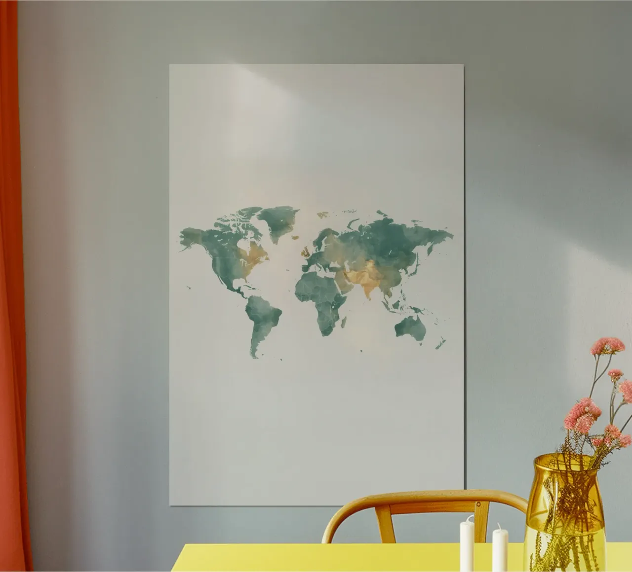 Mappamondo ad acquerello con pietre miliari color verde acqua e oro poster con telaio in alluminio da DesignDoodle