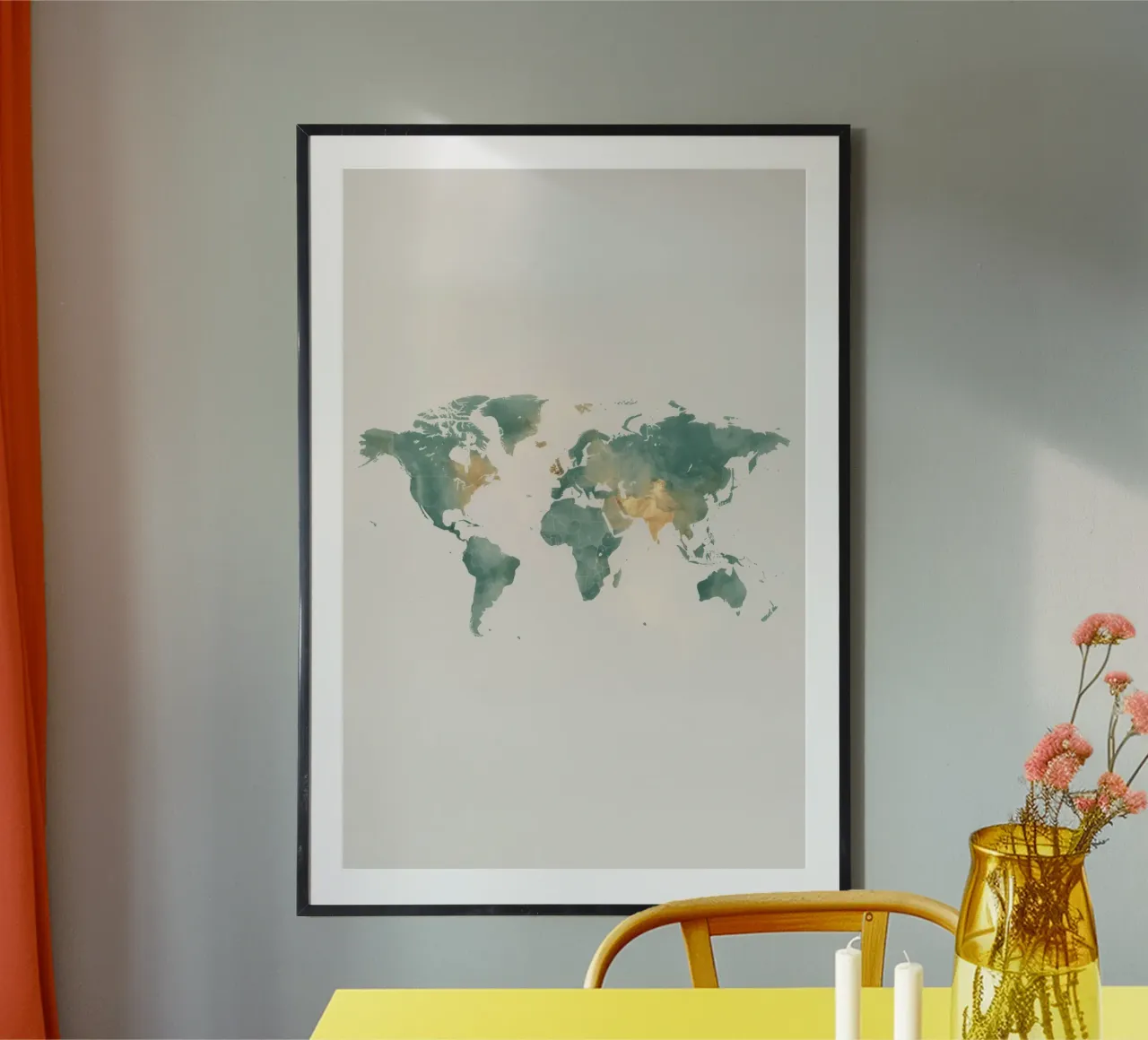 Mappamondo ad acquerello con pietre miliari color verde acqua e oro poster con telaio in alluminio da DesignDoodle