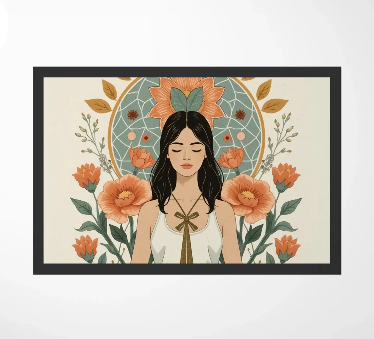 Donna in posizione di loto con elementi floreali e geometrici zerbino da DesignDoodle