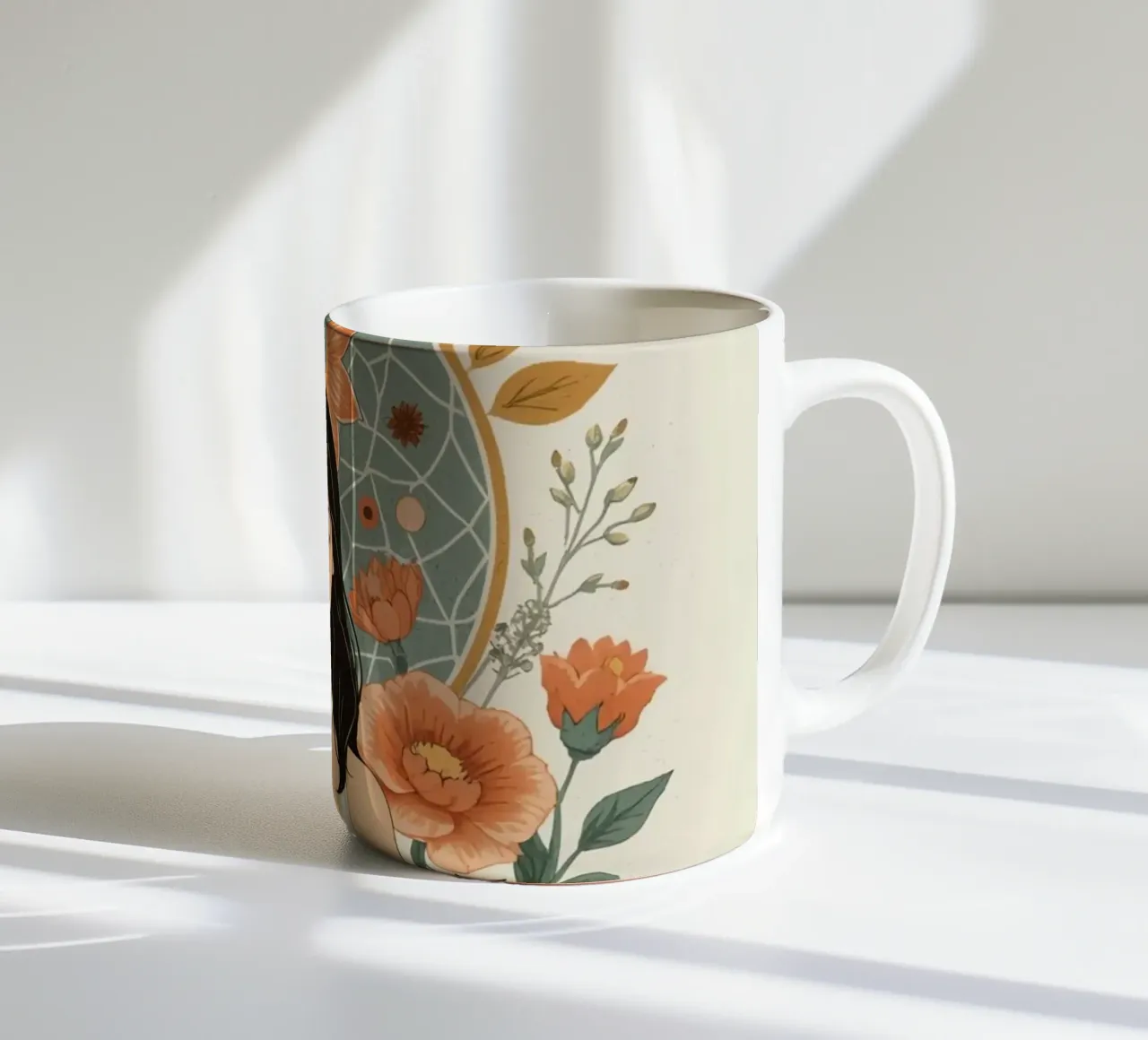Donna in posizione di loto con elementi floreali e geometrici tazza in ceramica da DesignDoodle