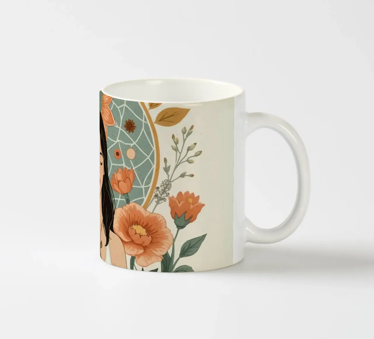 Donna in posizione di loto con elementi floreali e geometrici tazza in ceramica da DesignDoodle