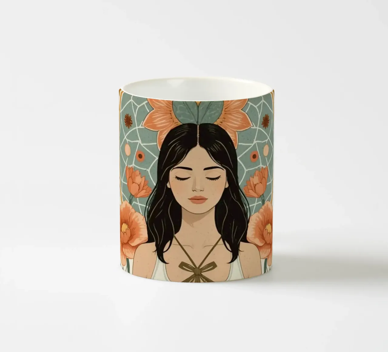 Donna in posizione di loto con elementi floreali e geometrici tazza in ceramica da DesignDoodle