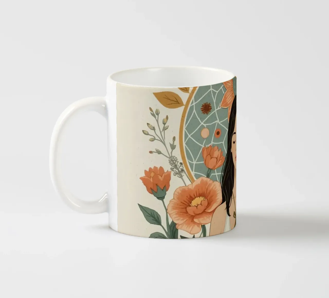 Donna in posizione di loto con elementi floreali e geometrici tazza in ceramica da DesignDoodle