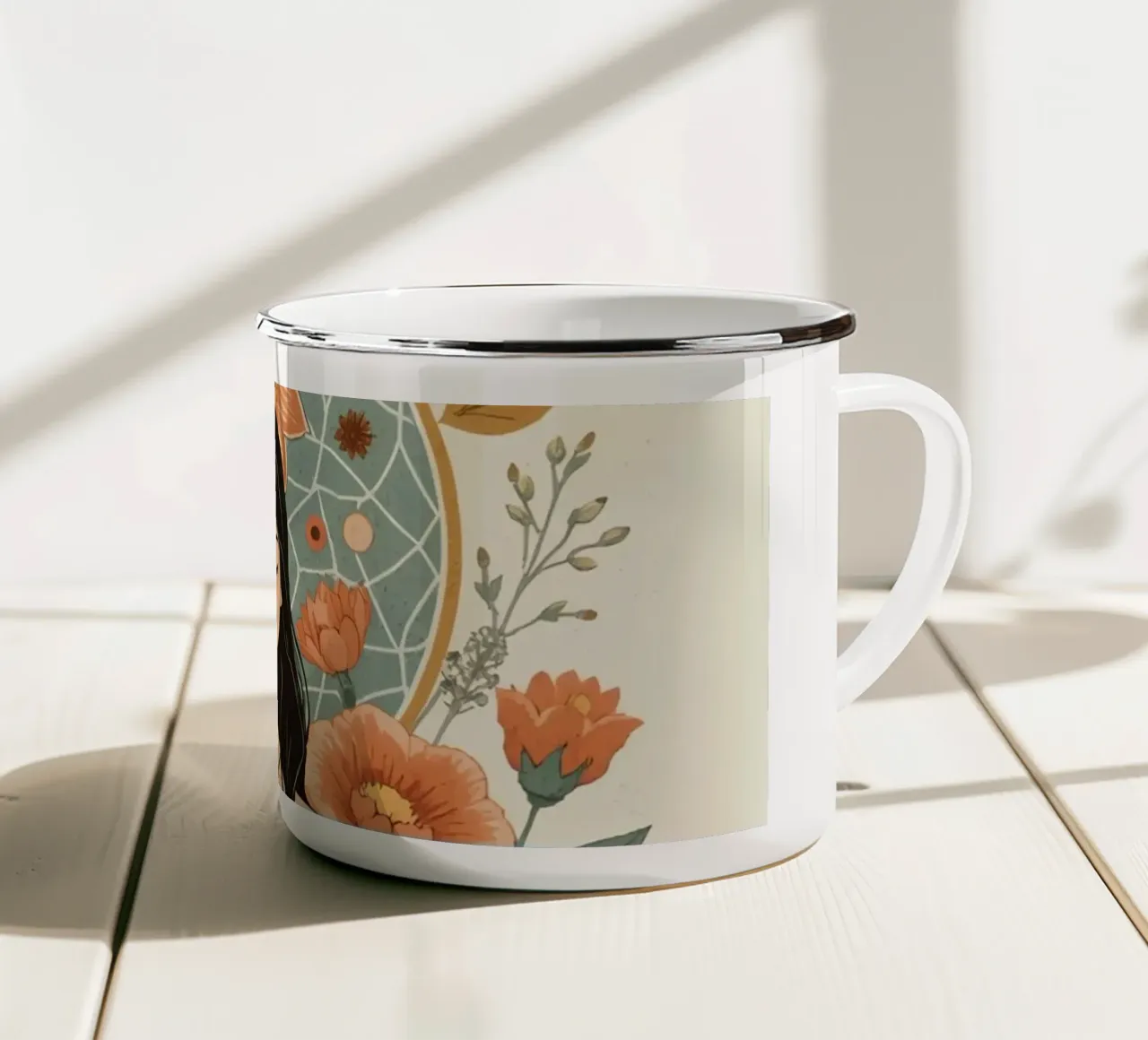 Donna in posizione di loto con elementi floreali e geometrici tazza in smalto da DesignDoodle
