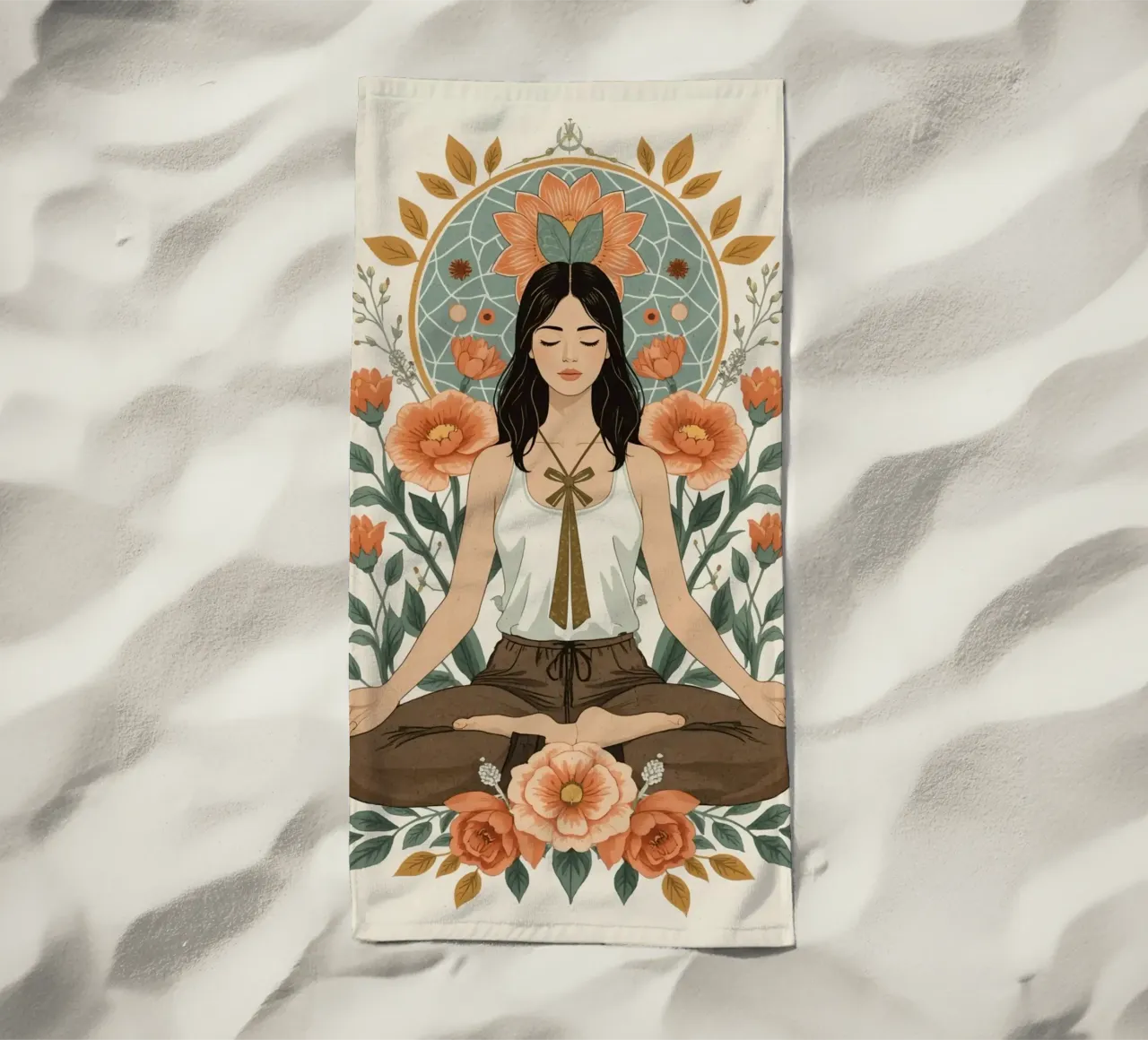 Donna in posizione di loto con elementi floreali e geometrici telo mare da DesignDoodle
