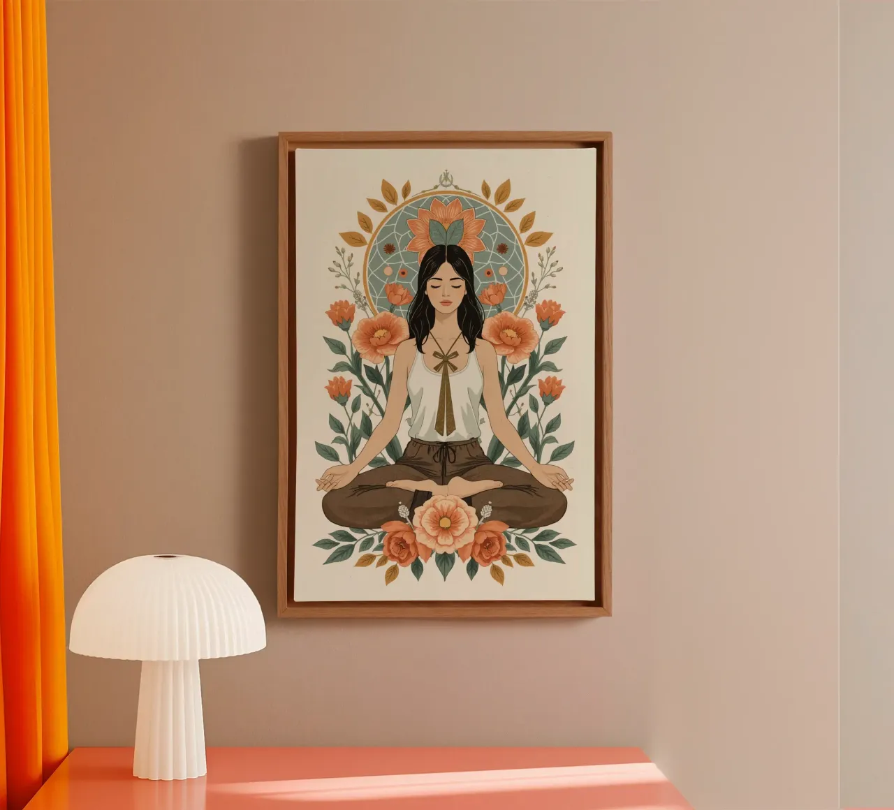 Donna in posizione di loto con elementi floreali e geometrici tela con Cornice a cassetta da DesignDoodle