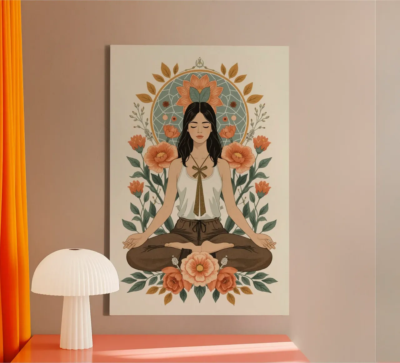 Donna in posizione di loto con elementi floreali e geometrici tela con Cornice a cassetta da DesignDoodle