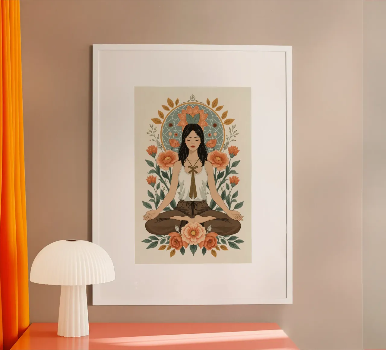 Donna in posizione di loto con elementi floreali e geometrici poster con telaio in legno da DesignDoodle