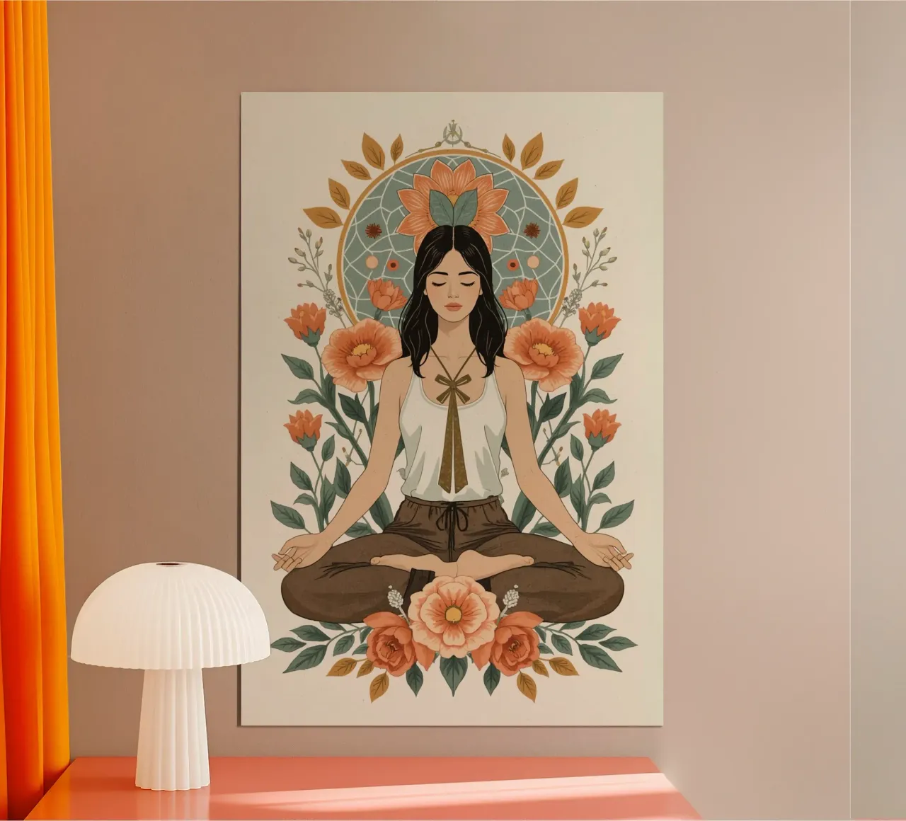 Donna in posizione di loto con elementi floreali e geometrici poster con telaio in legno da DesignDoodle