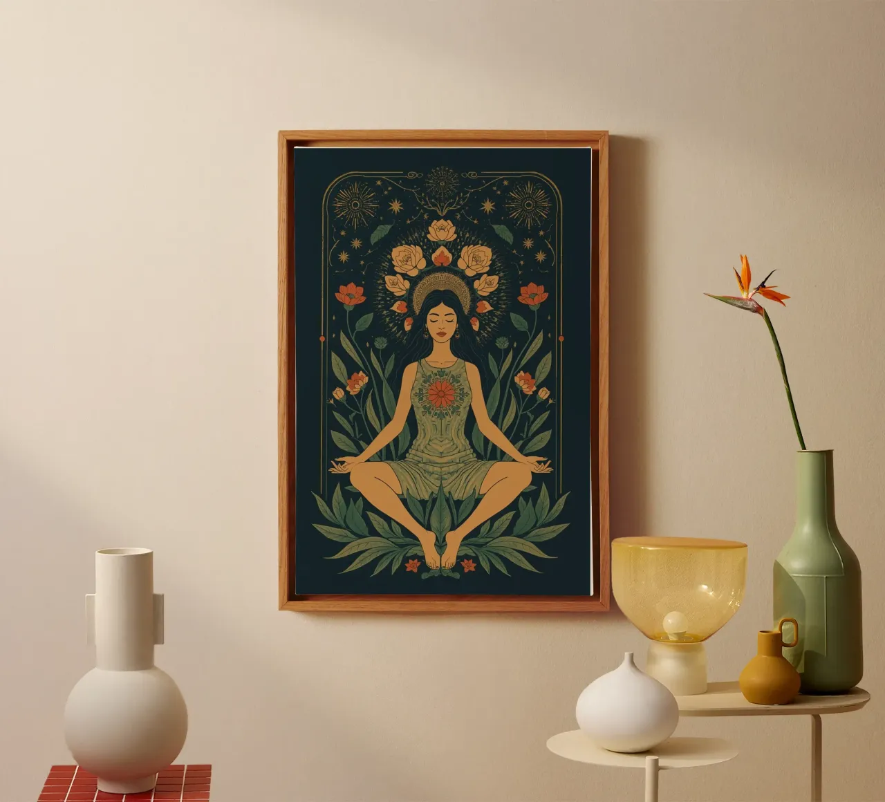 Donna che medita in mezzo a una composizione floreale tela con Cornice a cassetta da DesignDoodle