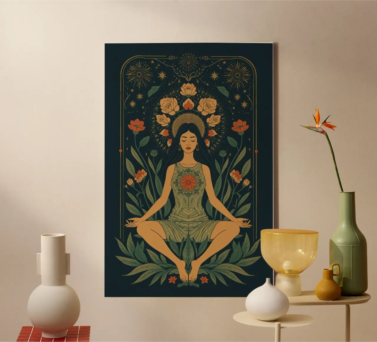 Donna che medita in mezzo a una composizione floreale tela con Cornice a cassetta da DesignDoodle