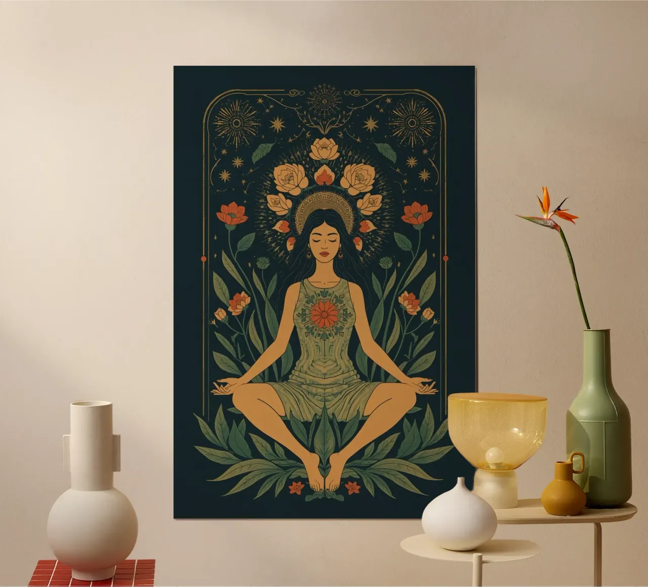 Donna che medita in mezzo a una composizione floreale poster con telaio in alluminio da DesignDoodle