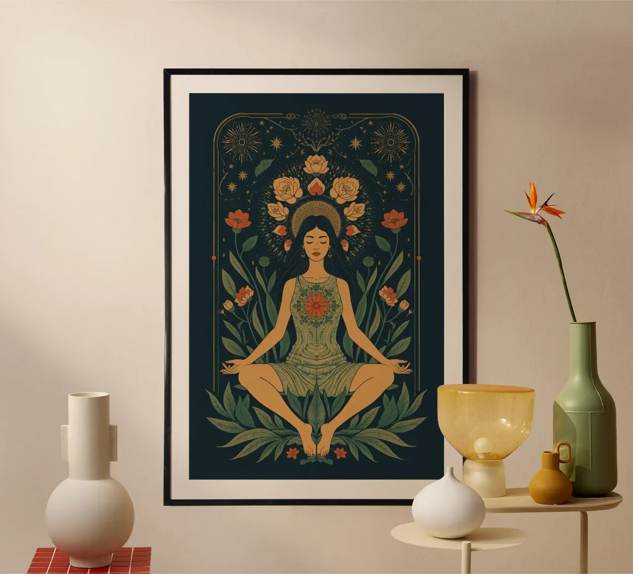 Donna che medita in mezzo a una composizione floreale poster con telaio in alluminio da DesignDoodle