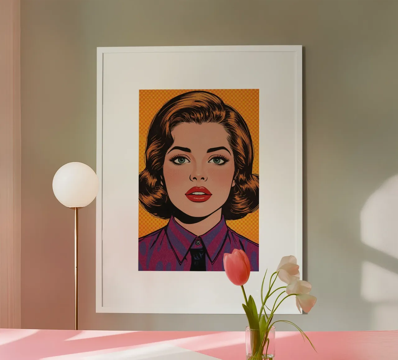 Donna in tailleur Ritratto in stile Pop Art poster con telaio in plastica da DesignDoodle