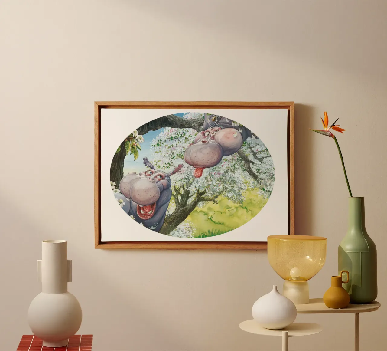 HIPPOS IN THE CHERRY TREE tela con Cornice a cassetta da Vintage Van Gogh