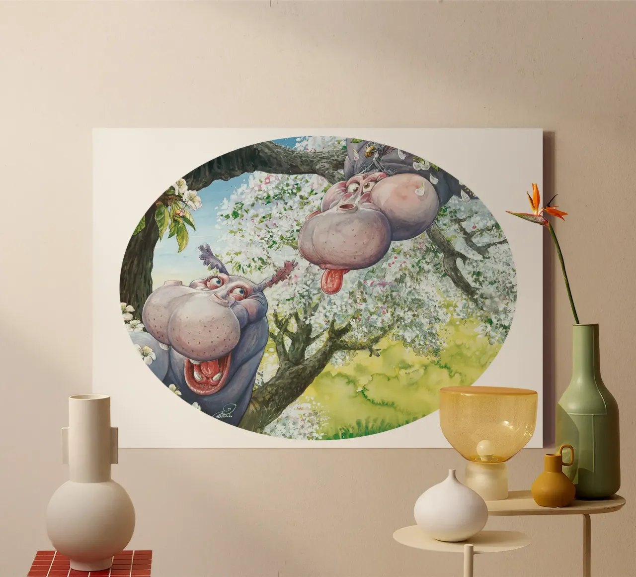 HIPPOS IN THE CHERRY TREE tela con Cornice a cassetta da Vintage Van Gogh