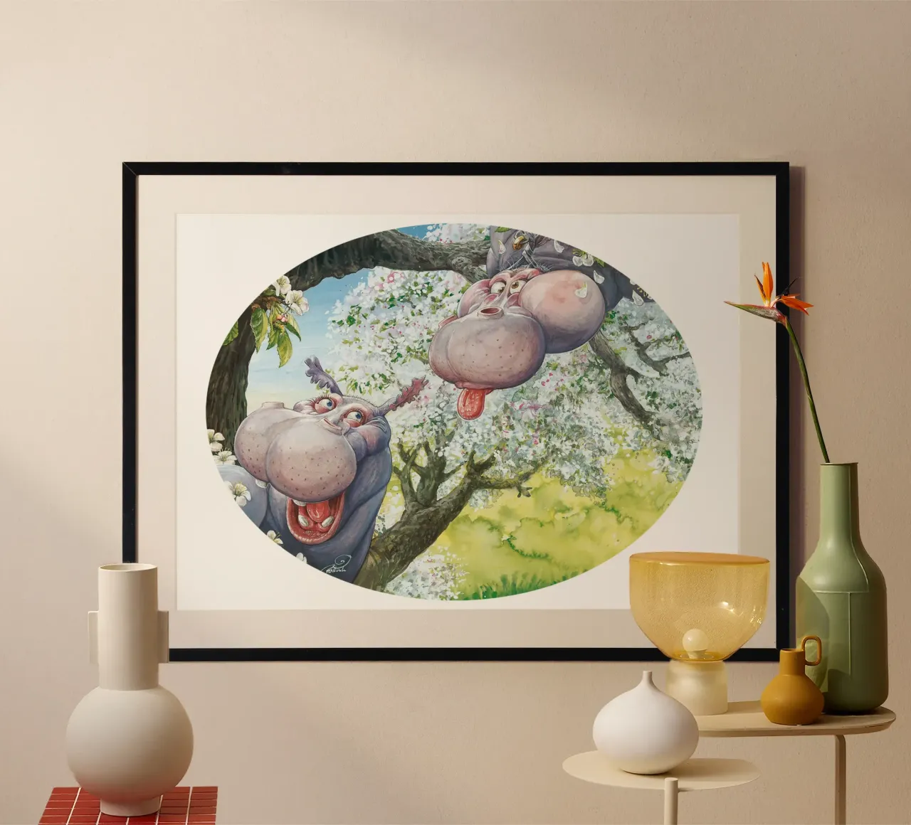 HIPPOS IN THE CHERRY TREE poster con telaio in plastica da Vintage Van Gogh