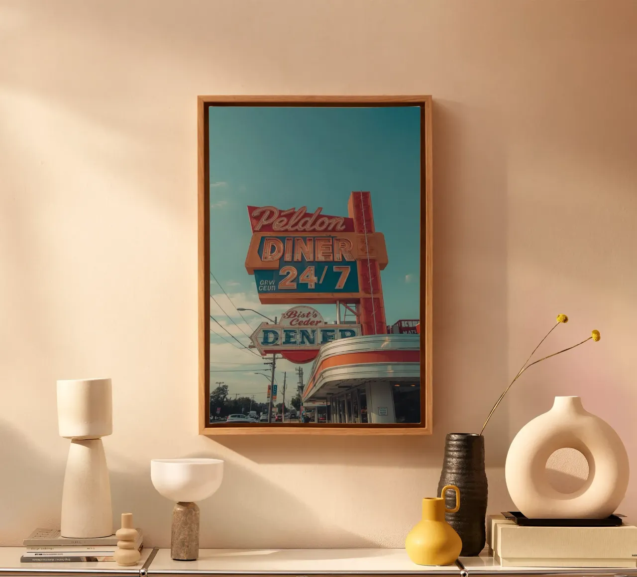 Bâtiment et signalisation extérieure d'un restaurant d'époque toile avec Caisse américaine de DesignDoodle
