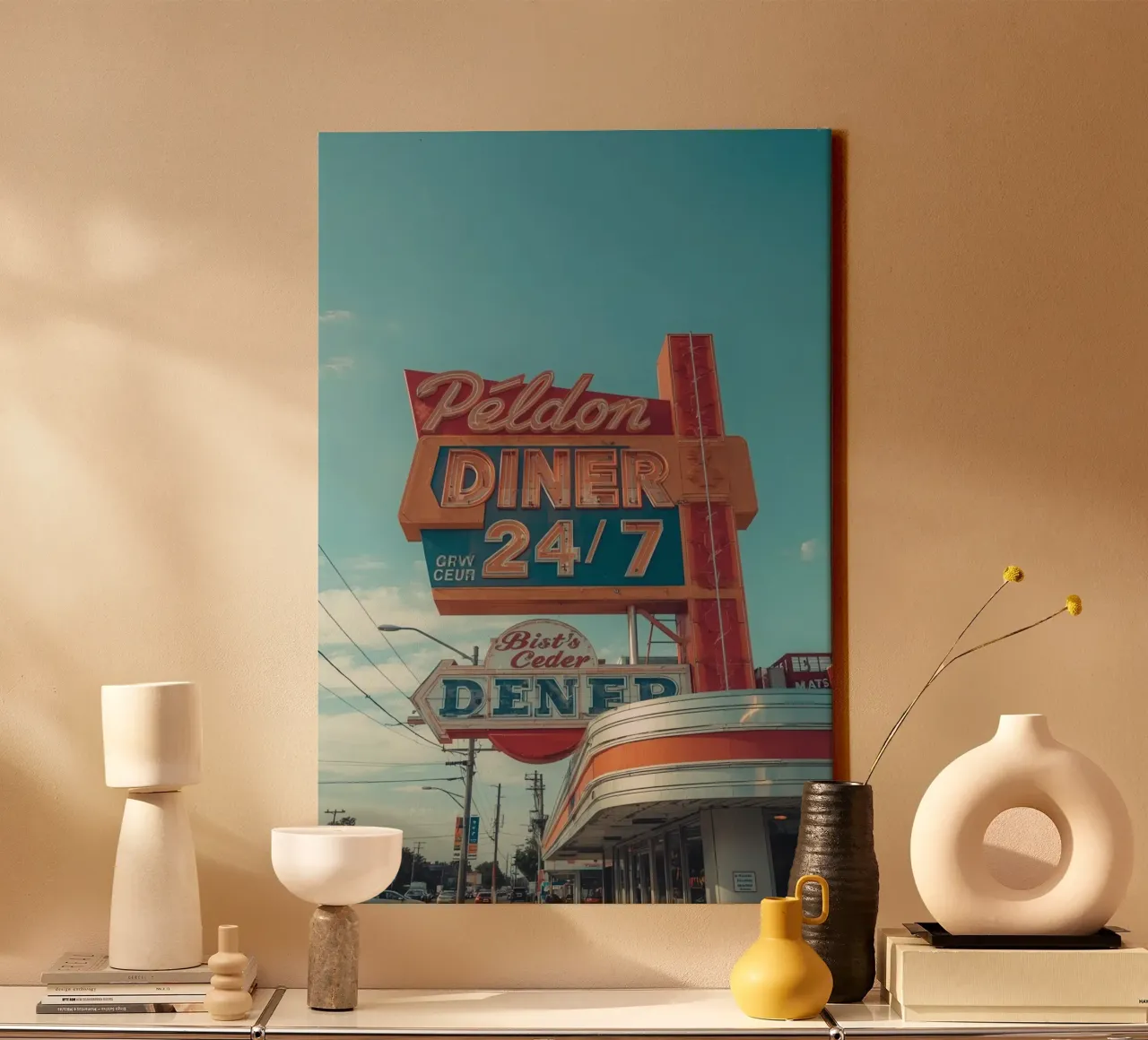 Bâtiment et signalisation extérieure d'un restaurant d'époque toile avec Caisse américaine de DesignDoodle