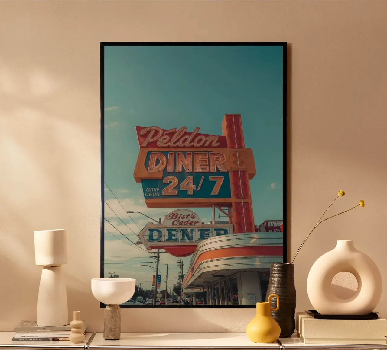 Edificio e segnaletica esterna di un diner d'epoca poster da DesignDoodle