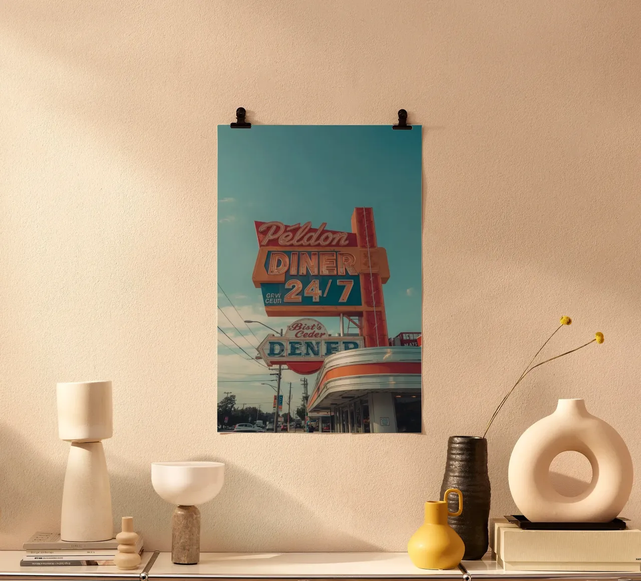 Edificio e segnaletica esterna di un diner d'epoca poster da DesignDoodle