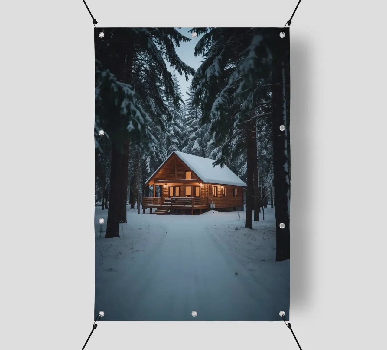 Cabina di legno in una foresta innevata telo in pvc da DesignDoodle