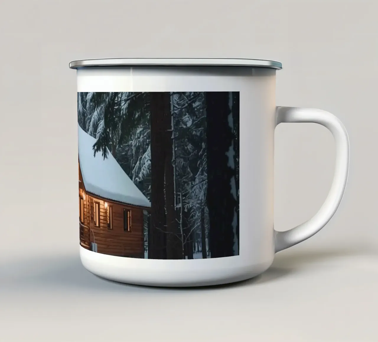 Cabina di legno in una foresta innevata tazza in smalto da DesignDoodle