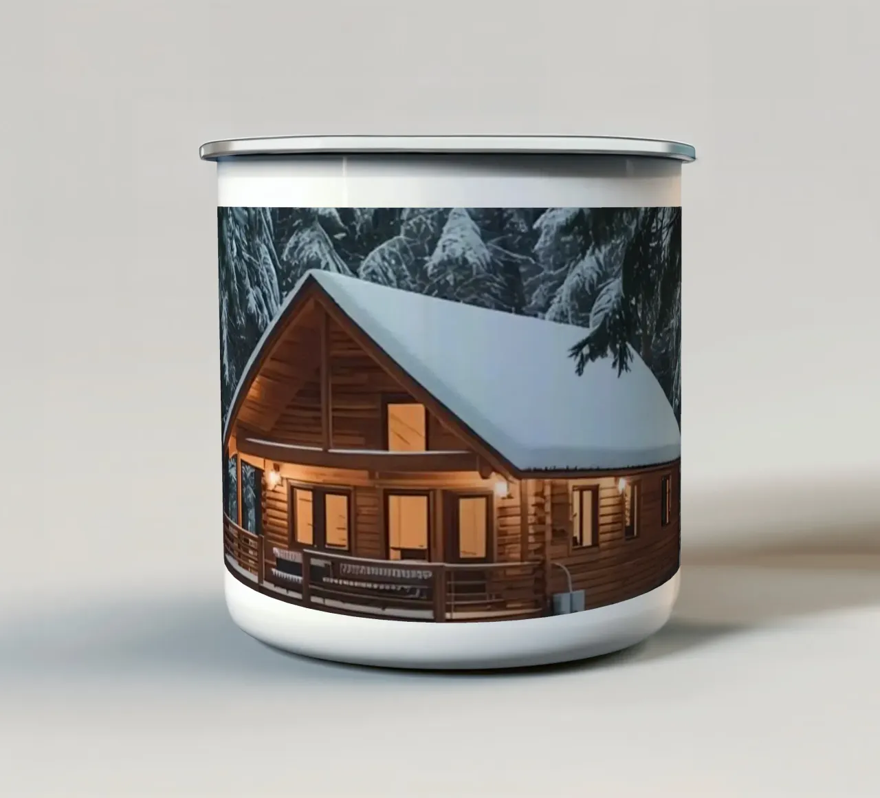 Cabina di legno in una foresta innevata tazza in smalto da DesignDoodle