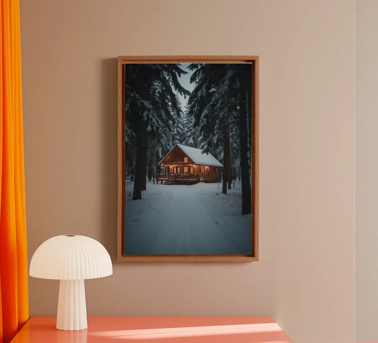 Cabina di legno in una foresta innevata tela con Cornice a cassetta da DesignDoodle