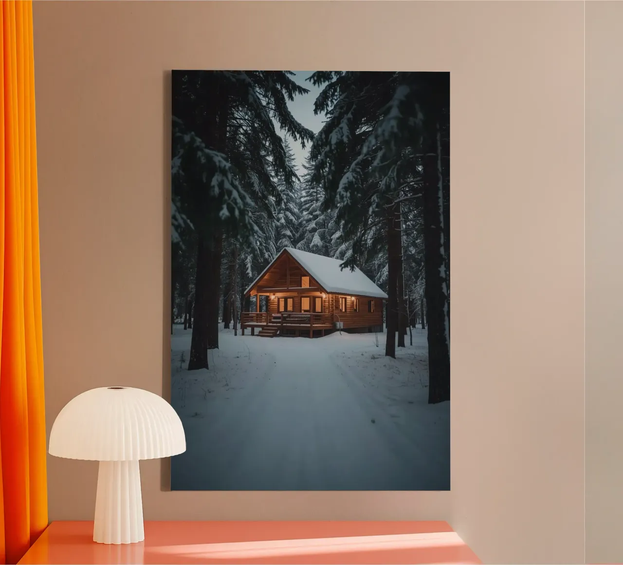 Cabina di legno in una foresta innevata tela con Cornice a cassetta da DesignDoodle
