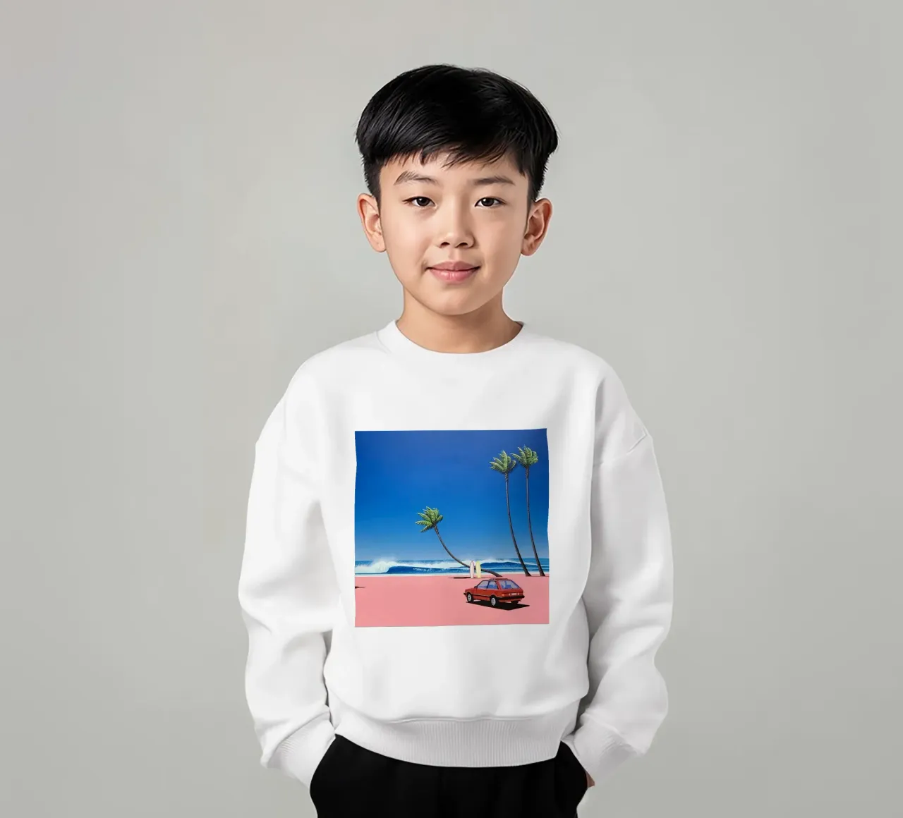 Auto rossa su una bella spiaggia felpa bambino da HKS JAPANESESTORE