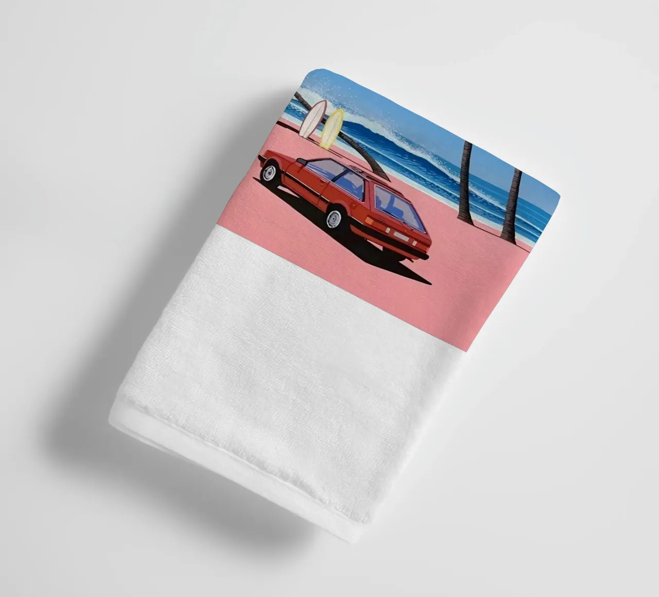 Auto rossa su una bella spiaggia asciugamano da bagno da HKS JAPANESESTORE