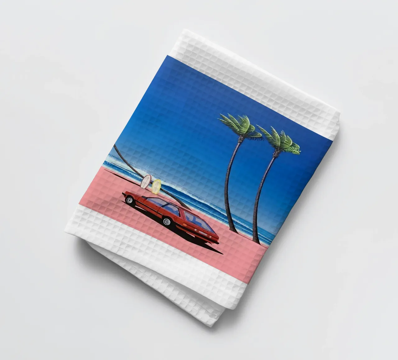 Auto rossa su una bella spiaggia canovaccio da cucina da HKS JAPANESESTORE