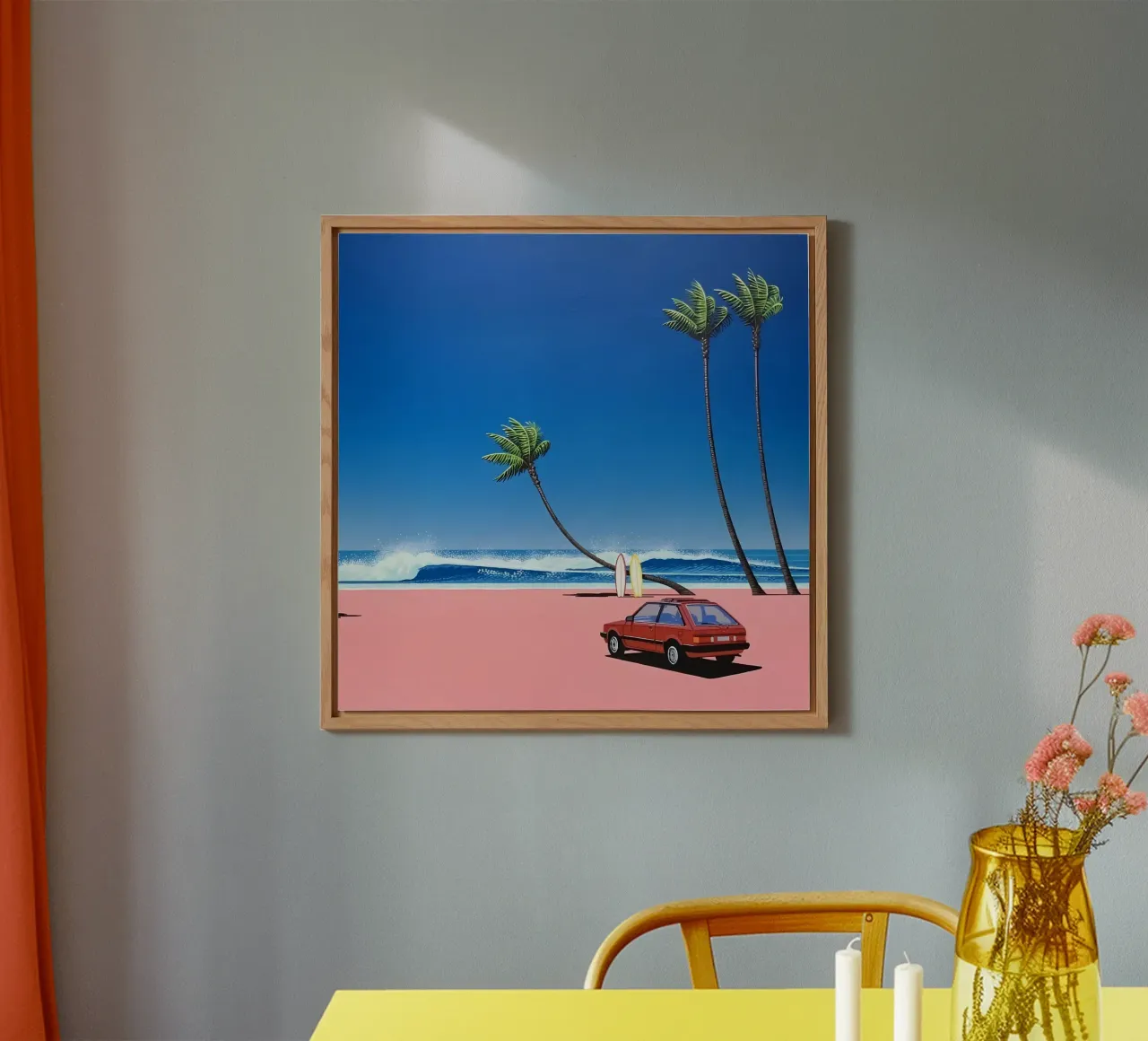 Auto rossa su una bella spiaggia alluminio dibond da HKS JAPANESESTORE