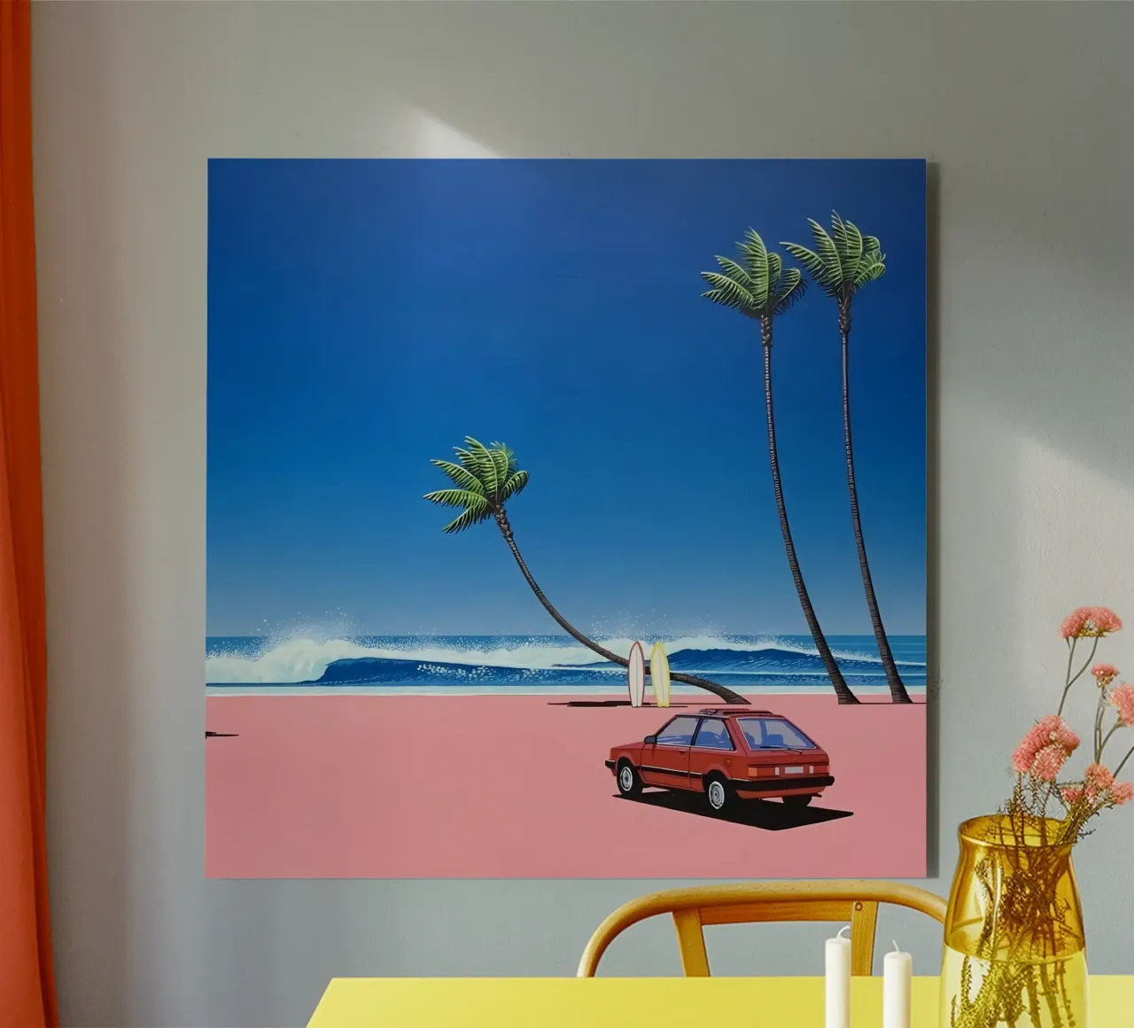 Auto rossa su una bella spiaggia alluminio dibond da HKS JAPANESESTORE